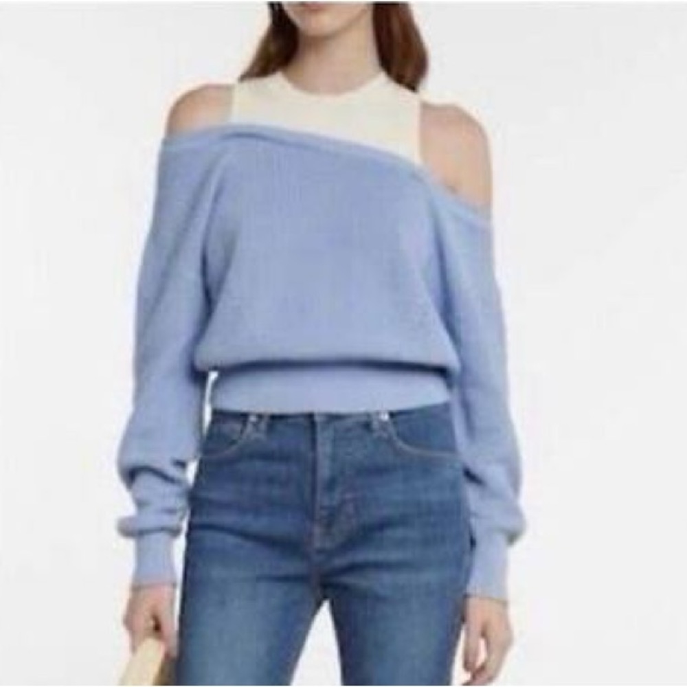 Veronica Beard Blue and Cream Off-the-Shoulder Sweater